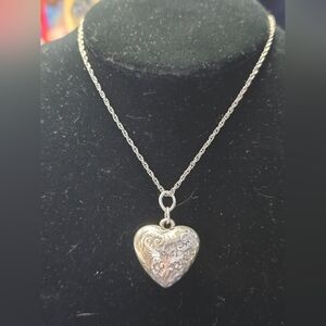 Vintage Silver 3D Puff Etched Heart Necklace